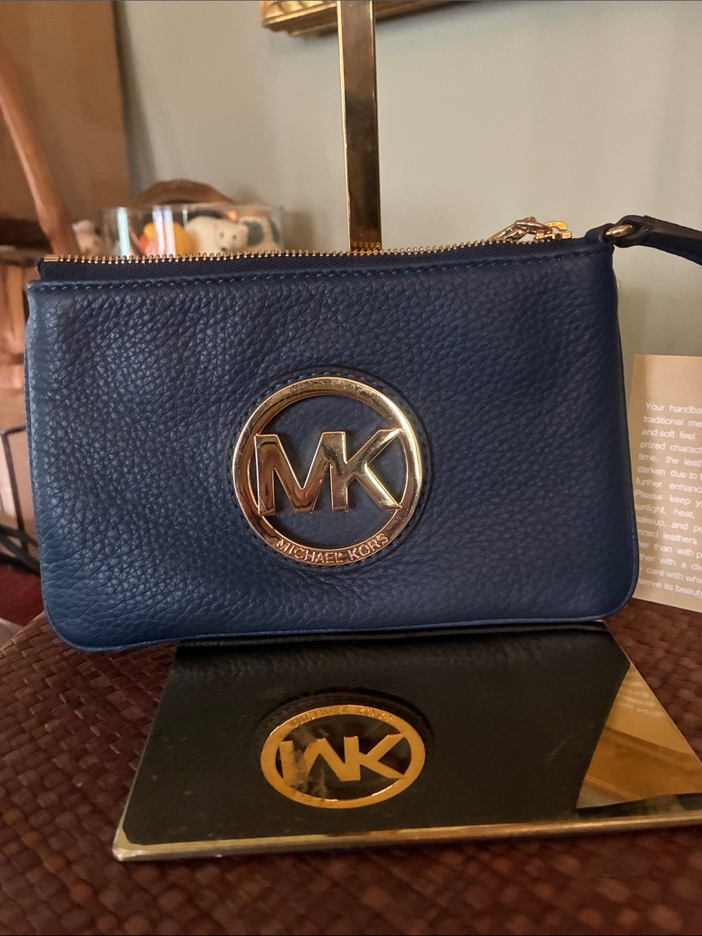 Michael Kors Fulton Navy Blue Pebbled Leather Wristlet NEW
